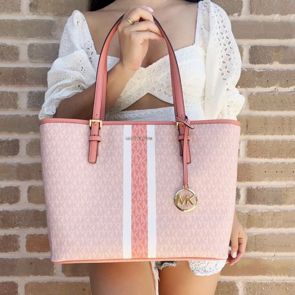 Michael Kors Jet Set Travel Medium Carryall Tote Sherbert Multi Pink Stripe MK - Picture 2 of 4